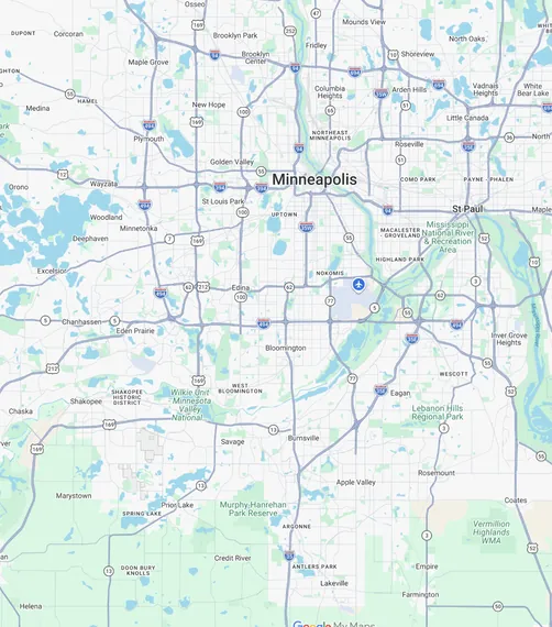 Map of the Twin Cities metro marking Southside Heating & Air Conditioning in Bloomington and the communities it serves.